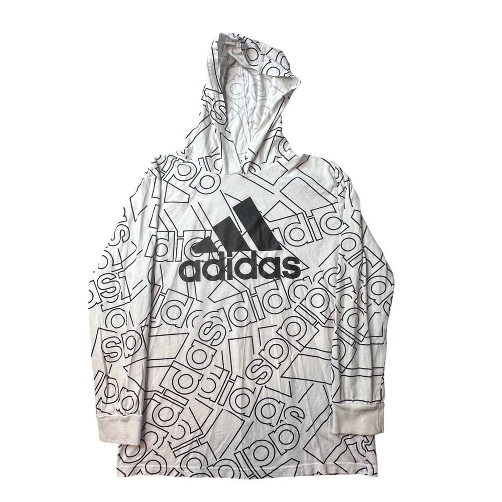 Adidas Hooded T-Shirt Kids Medium AA0759 White Black All Over Print Logo